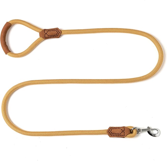 Mile High Life | Premium Leather Handle Dog Leash | Strong Rope Leash | Zinc Alloy Strong Clasp | Small Medium Large Dogs | 4/5/6 Feet(Yellow, 60 Inch (Pack of 1))
