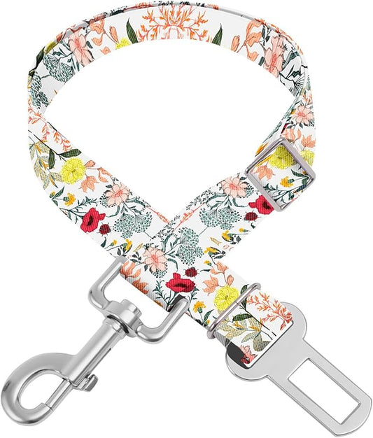 Adjustable pet cat and Dog car seat Belt， The Lanyard is Flexible and Adjustable from 20 to 33 inches (White Flower)
