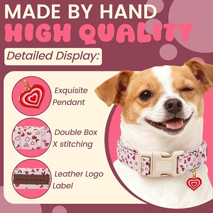 Elegant little tail Valentine's Dog Collar - Pink Heart Dog Collars Cotton Soft Puppy Adjustable Pet Collars with Sturdy Quick Release Buckle for Small Dogs
