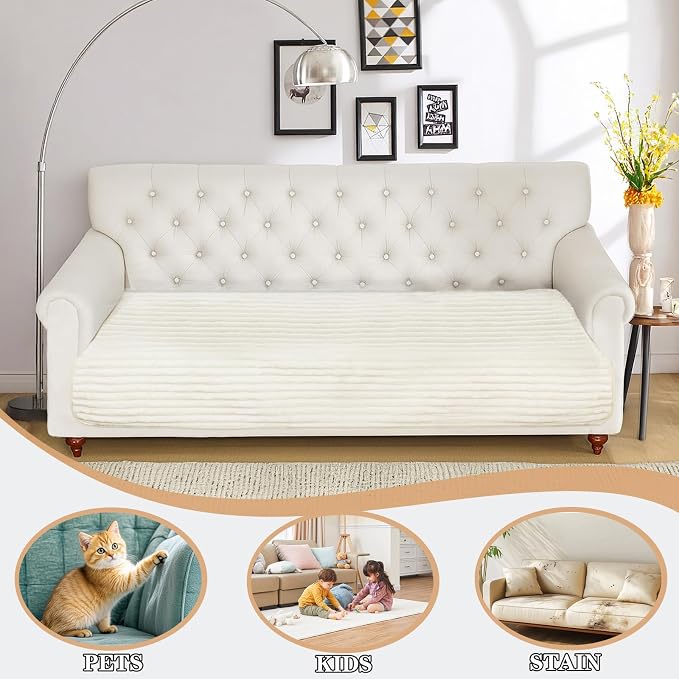 NAISI Couch Covers for Dogs Waterproof Flannel Striped Sofa Cover Pet Friendly Washable Dog Mat for Couch Anti Slip Sectional Sofa Slipcover Protector(1pc/35"x 82",Cream)