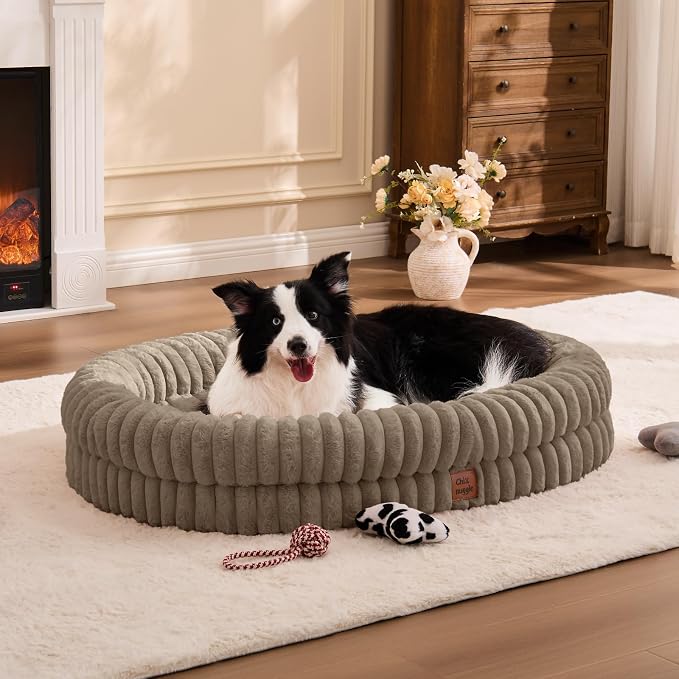 ChiXnuggle Orthopedic Dog Bed for XL Dogs, Waterproof Faux Rabbit Fur Dog Couch with Egg Crate Foam Support and Washable Removable Cover, Bolster Pet Sofa with Non-Slip Bottom, 41x30x7, Taupe
