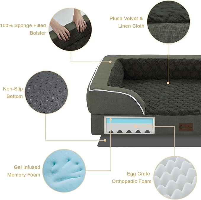 Orthopedic Dog Beds for Large Sized Dogs 36x27 Inch, Waterproof Egg Crate Foam Dog Sofa Bed with Removable Washable Cover Big Pet Couch with Bolster & Non-Slip Bottom, Dark Green