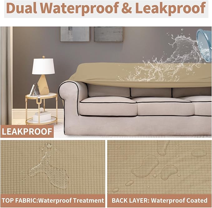 Easy-Going 100% Waterproof Chair Couch Cover, Dual Waterproof Sofa Cover, Stretch Jacquard Sofa Slipcover, Leakproof Furniture Protector for Kids, Pets, Dog and Cat (Chair, Sand)