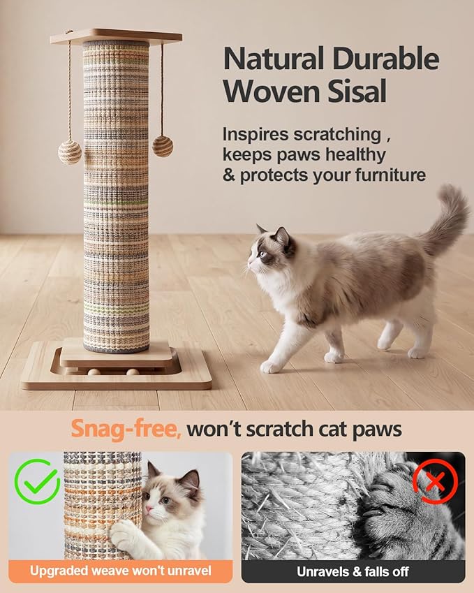 31" Extra Tall Cat Scratching Post, Natural Sisal Cat Scratcher for Indoor Cats Adults & Large Cats, Sturdy Wood Cat Tree Tower with Interactive Ball Track & Top Perch, Modern Design for Home Decor