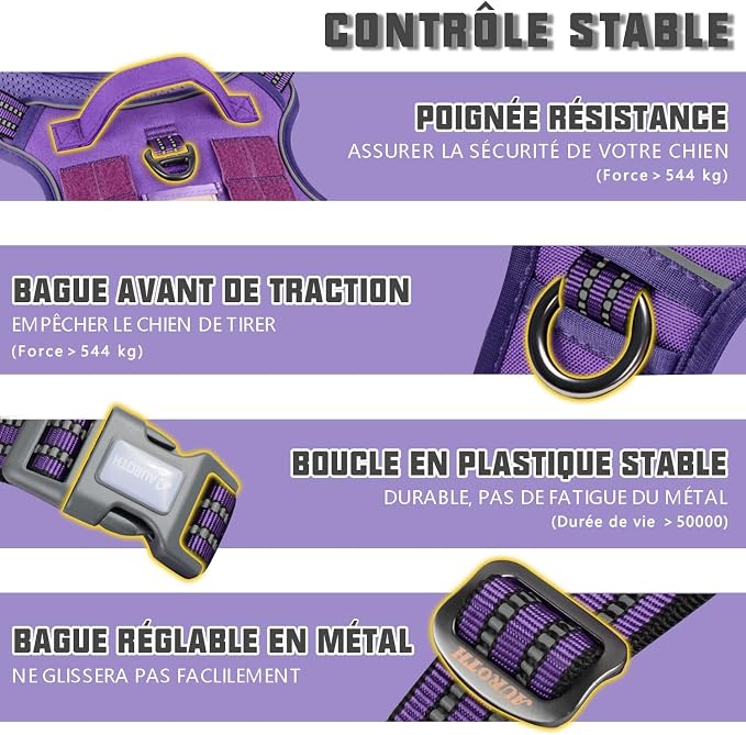 AUROTH Tactical Dog Harness for Large Dogs No Pull Adjustable Pet Harness Reflective K9 Working Training Easy Control Pet Vest Military Service Dog Harnesses Purple XL