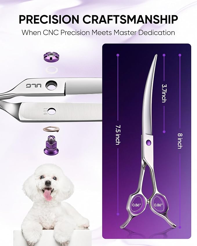ULG 30° Curved Dog Grooming Scissors 440C Stainless Steel, 7.5" Professional Pet Grooming Shears with Reversible Butterfly Handles, Dog Scissors for Grooming Face, Eyes, Paws & Body