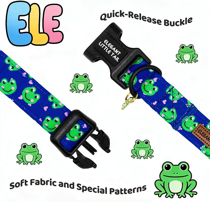 Elegant Little Tail Summer Dog Collar, Cute Green Frog Pattern Soft Cotton Pet Collars with Sturdy Quick Release Buckle Male Adjustable Pet Collar for Small Medium Large Dogs