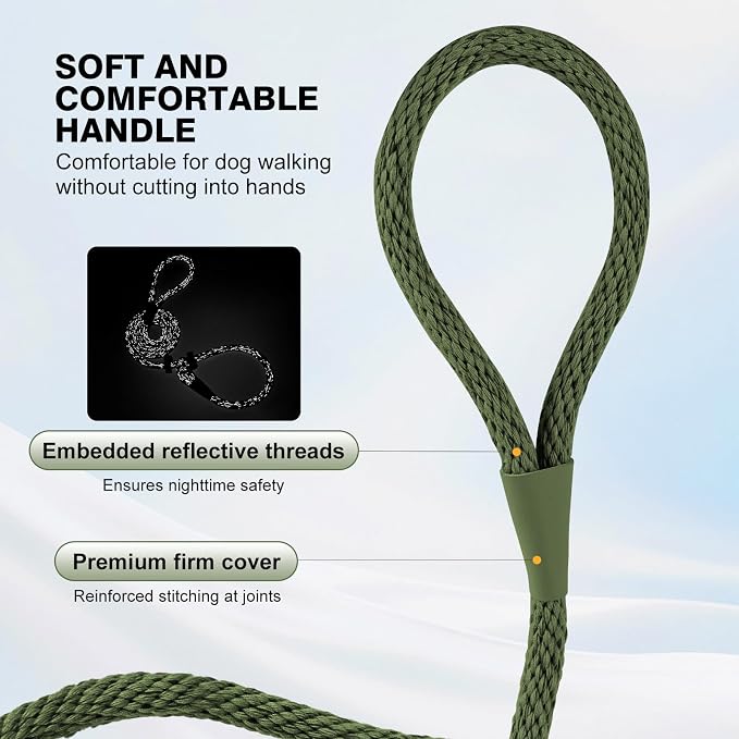 Lynxking Dog Leash Slip Lead Reflective Breathable Rope Comfortable Strong No Pull Slip On Pet Training Lead for Dogs (Dark Green, Small 3/8 inch x 6ft)