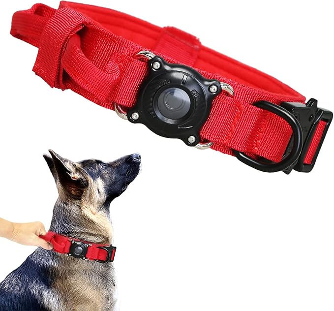 Upgraded AirTag Dog Collar,Waterproof Tactical Dog Collar with AirTag Holder, Control Handle and Metal Buckle,Heavy Duty Dog Collars for Large Dogs(Red，XL