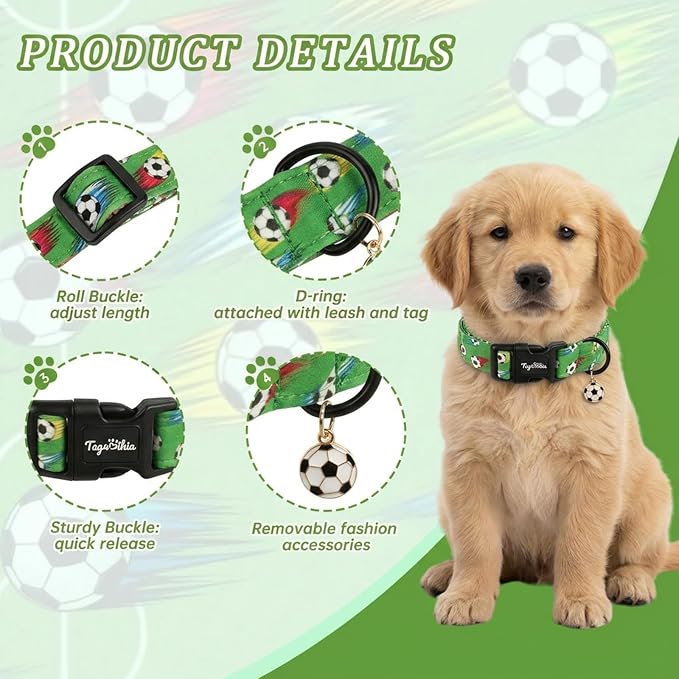 Soccer Dog Collar, Cute Green Puppy Collars with Adjustable Buckle, Soft Cotton Pet Collar for Small Medium Large Dogs, Girl or Boy Dog for Gifts & Daily Use-M