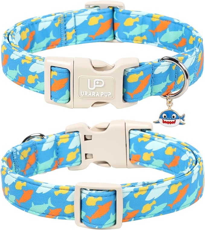 Shark Dog Collar, Summer Cotton Blue Adjustable Pet Collar for Male Dogs, Cute Ocean Pattern Soft Comfortable Durable Buckle with Charm for Boy Dogs