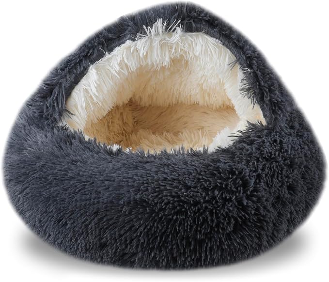 FORMYCATIE Cat Beds for Indoor Cats,Cat Cave for Puppy and Kitty,Calming Small Dog Bed for Small Dogs with Cover Cave,Cozy Warming Fluffy Washable Anti-Slip Pet Sleeping Bag(24 * 24inch,Dark Gray)