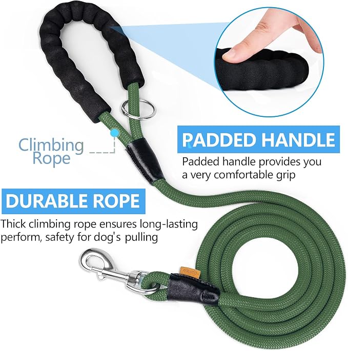 Dog Leash, Braided Rope Traction – Walking Training Lead for Small Dogs ((1/3") x 6FT, Dark Green)