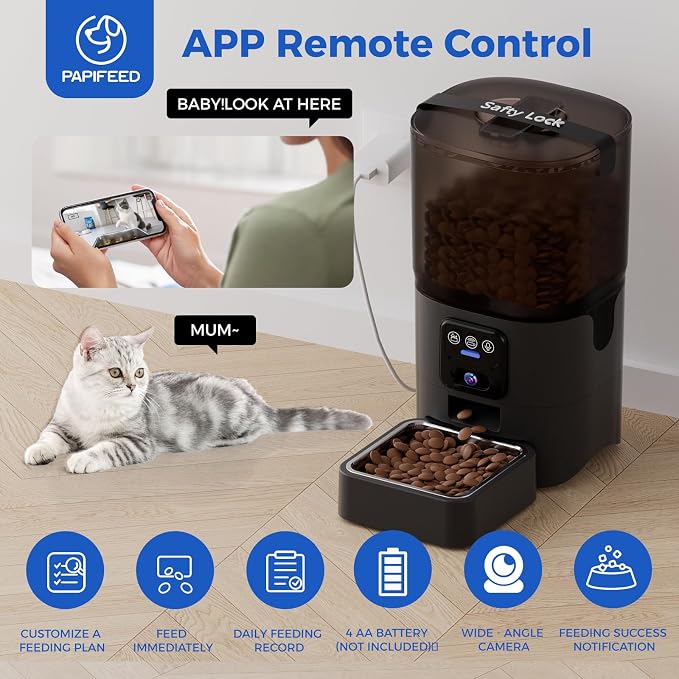 PAPIFEED Automatic Cat Feeder with Camera, 1080P HD & Night Vision, 6L Cat Food Dispenser with App, 5G WiFi Timed Cat Feeder for Dry Food, 2-Way Audio, Smart Pet Feeder for Dog, 1-10 Meals/Day, Black