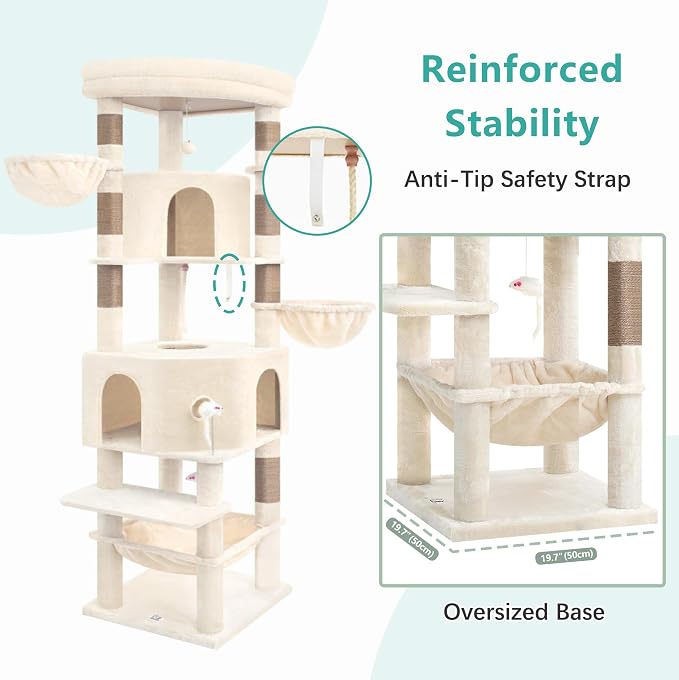 Cat Tree, 81.1" Skyward Corner Cat Tower for Large Cats with Diamond Hideout, Space-Smart Cat Furniture with Grand Platform, Firm Base, 3 Soft Hammock & Pet Relax Station, Beige VCT031MJ