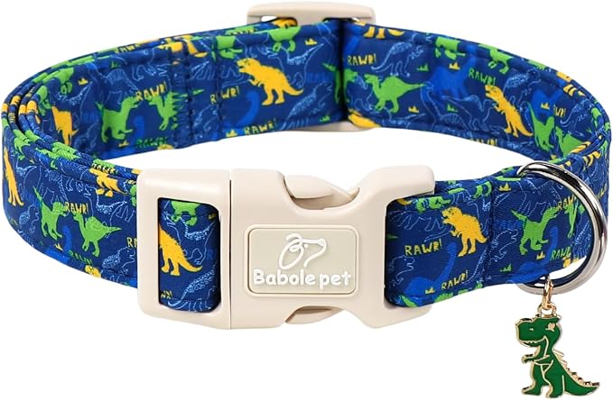 Dinosaur Dog Collar, Cute Boy Dog Collars for Giant Large Dogs - Blue Multicolor Dino Cotton Male Dogs Collar, Soft Adjustable Daily Pet Collars with Quick Release Buckle XL