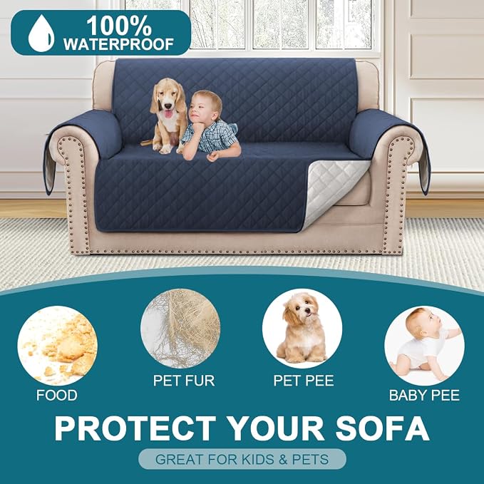 Turquoize 100% Waterproof Couch Cover Sofa Covers for 2 Cushion Couch Loveseat Covers Triple Non-Slip Couch Cover for Dogs Washable Furniture Protector Cover for Pets, Kids (Loveseat 54", Navy)