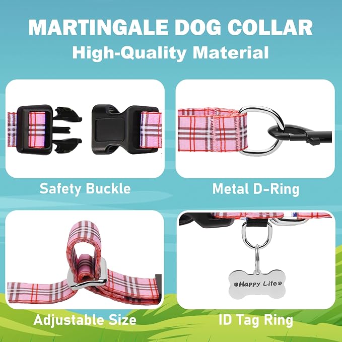 Martingale Collar with Quick Release Buckle Cute Girl Female Training Dog Collars (Pink Plaid, Small)