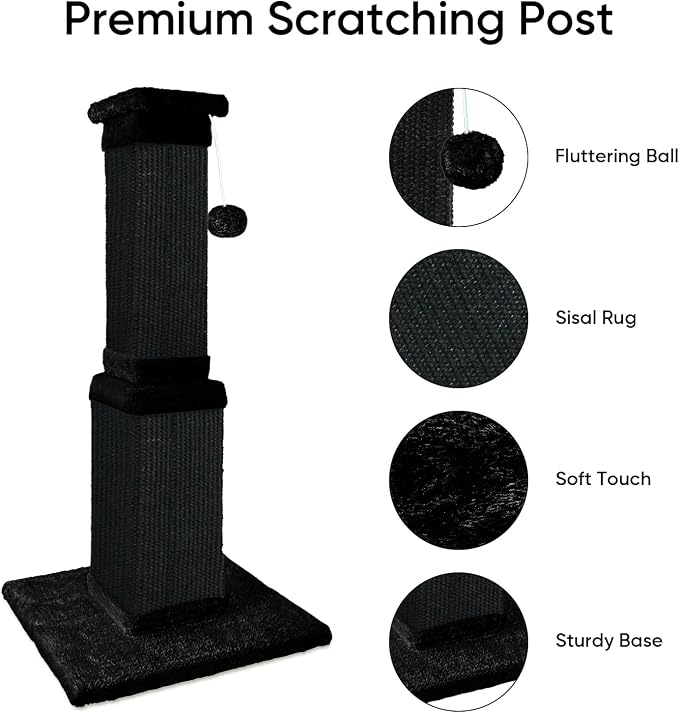 Cat Scratching Post, 32 Inch Cat Scratching Posts for Large Cats, Scratching Posts for Indoor Cats Adults, Cat Scratch Post with Nature Sisal, Full Black