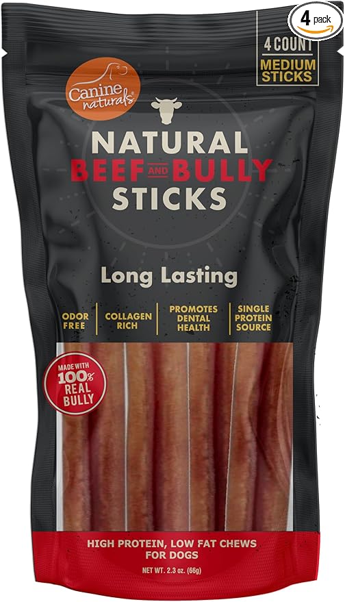 Canine Naturals | Natural Beef & Bully Sticks | Long-Lasting, Odor Free, High Protein Chews Made with 100% Real Bully | 4 Count Medium Sticks