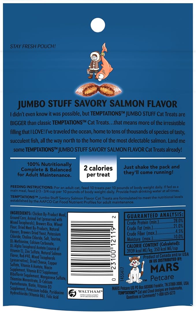 Temptations Jumbo Stuffed Cat Treats, Crunchy and Soft Cat Treats, Savory Salmon Flavor, 2.5 oz. Pouch (Pack of 12)