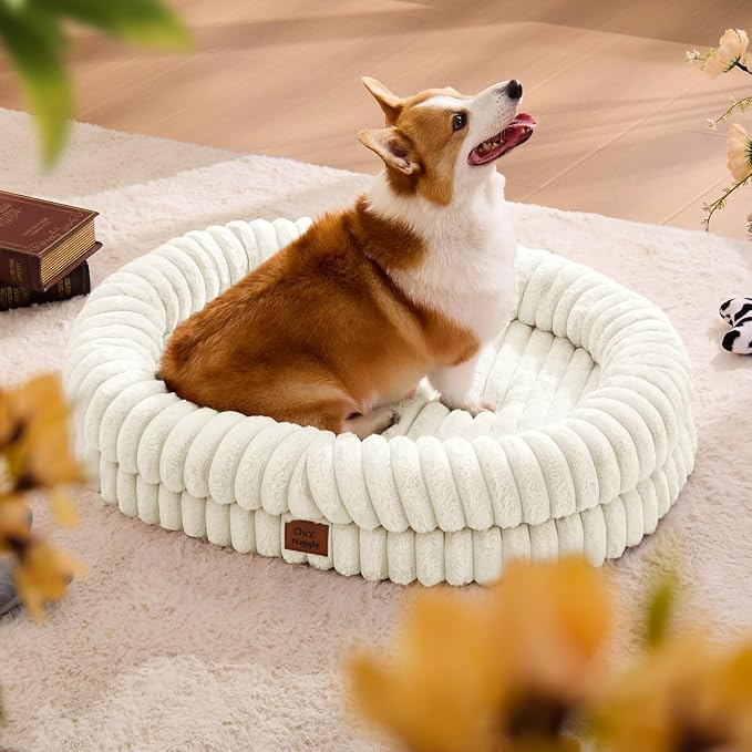 ChiXnuggle Orthopedic Dog Bed for Large Dogs, Waterproof Faux Rabbit Fur Dog Couch with Egg Crate Foam Support and Washable Removable Cover, Bolster Pet Sofa with Non-Slip Bottom, 35x28x7, Cream
