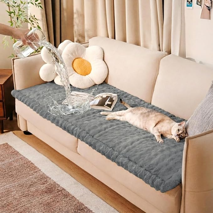 FUNNY FUZZY Pet Couch Cover for Sofa, Thick Waterproof Couch Cover for Dogs Washable, Pet Friendly Fuzzy Sofa Covers Soft Dog Bed Mat Non Slip for Couches and Sofas, Grey, 27.6"×70.9"