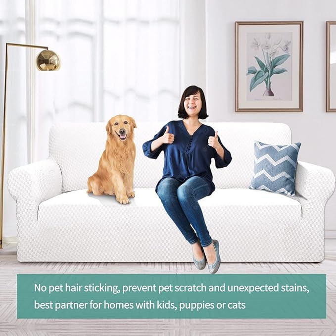 YEMYHOM Couch Cover Latest Jacquard Design High Stretch Sofa Covers for 3 Cushion Couch, Pet Dog Cat Proof Slipcover Non Slip Magic Elastic Furniture Protector (Large, White)