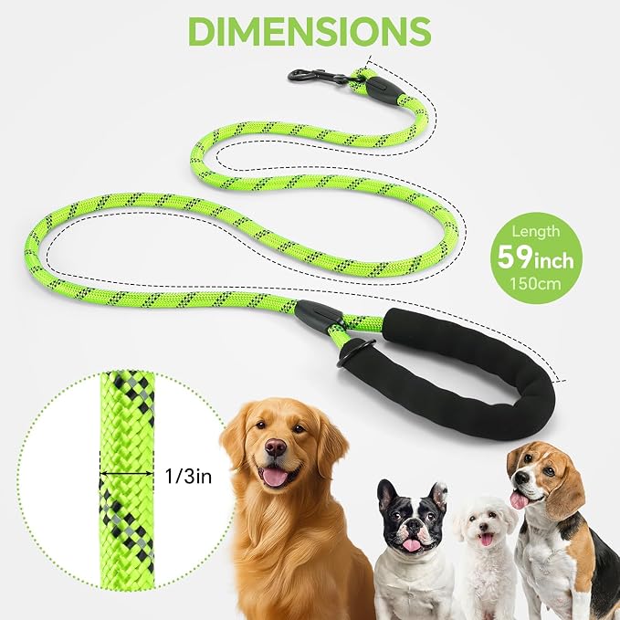 Heavy Duty Dog Leash - 4.9 FT for Large and Small Dogs - Strong Nylon, Comfortable Handle, Reflective Stitching - Ideal for Walking, Training, and Outdoor Activities, Green