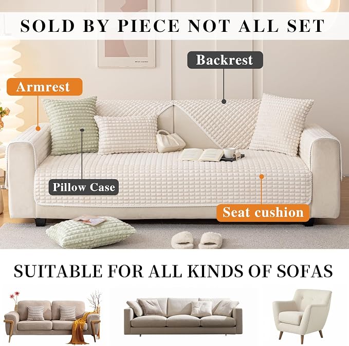 Velvet Couch Cover Sectional, Funny Fuzzy Pet Couch Covers for Loveseat, Plush Warm Sofa Covers for Pets Washable, Non-Slip Couchs Cover for Pets & Kids(1PC, Beige White, 35.4"×63")