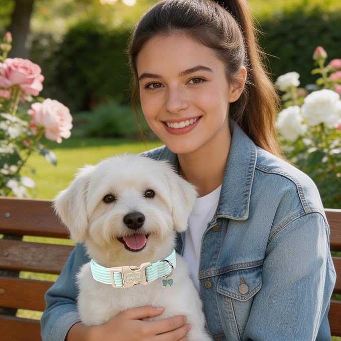 DOGWONG Green Dog Collar, Spring Summer Stripped Dog Collar with Plastic Buckle, Soft Cotton Dogs Collars for X-Small Puppies Dogs, Neck 8-12 inches