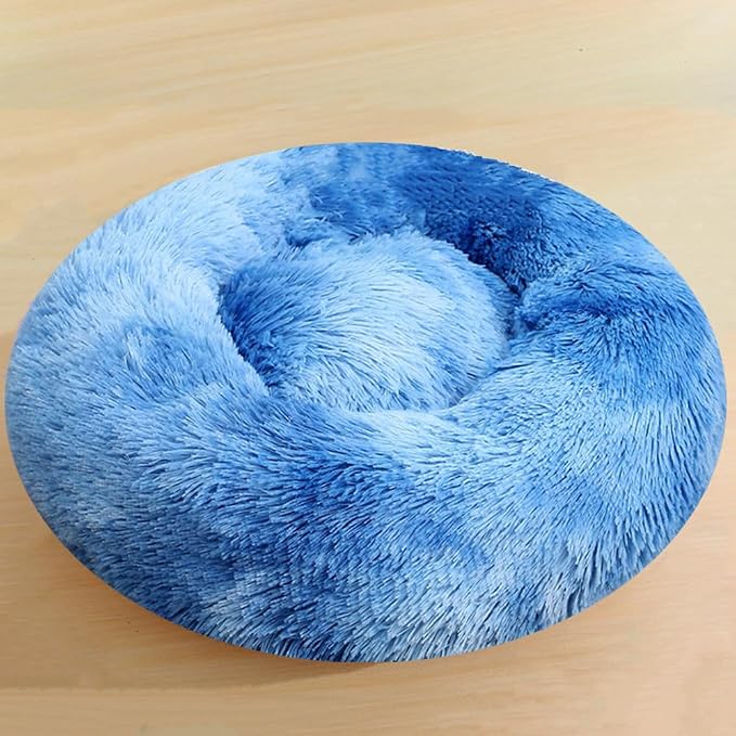 Dog & Cat Bed, 27 Inch Cat Beds for Indoor Cats, Calming Donut Bed for Small Medium Dogs and Cats, Anti-Anxiety Plush Faux Fur Large Cat Beds Washable, Blue White