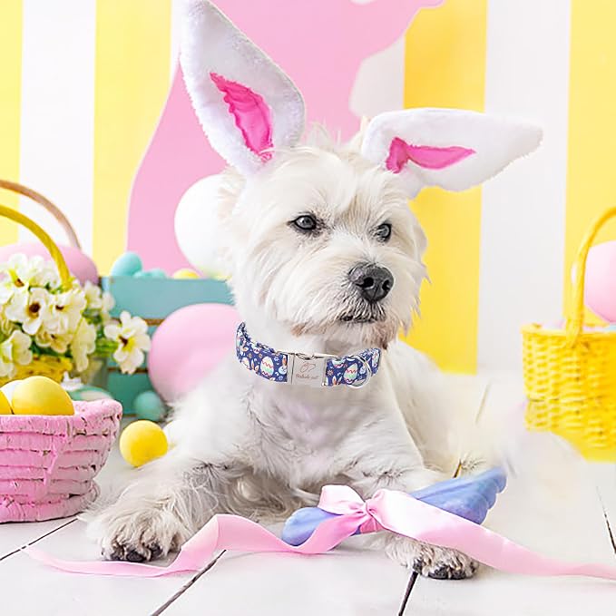 Easter Dog Collar, Cute Easter Bunny Eggs Pet Collar with Metal Buckle, Durable Adjustable Holiday Dog Collars for Small Medium Large Dogs L