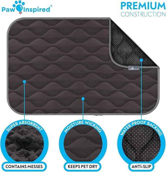 Paw Inspired Washable Padded Crate Mats for Dogs | 35” x 22” Pad, Fits 36-inch Kennels | Leakproof, Plush Pet Beds (Gray)