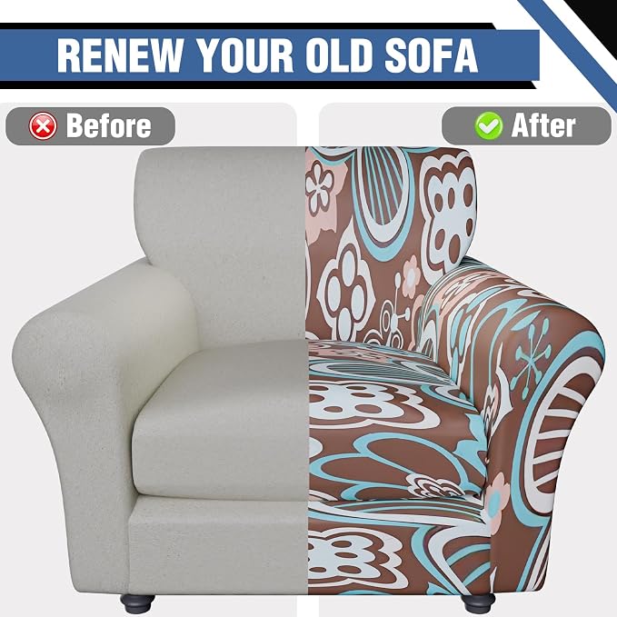 2 Piece Chair Covers Stretch Arm Chair Couch Covers, Floral Pattern Armchair Slipcover with Separate Chair Cushion Cover, Washable Furniture Protector for Living Room(Armchair,Ball Flower)