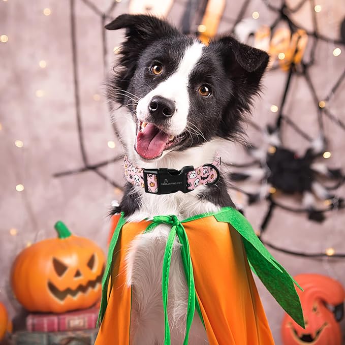 ARING PET Halloween Dog Collars, Cute Pink Pumpkin Ghost Bat Spider Skull Pet Collar with Quick Release Buckle for Small Medium Large Girl Boy Dogs-XS