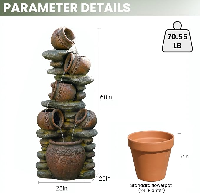 60" H Large Outdoor Water Fountain, 5-Tier Cascading Waterfall Fountain Feature with LED Lights, Rustic Crock Garden Water Feature for Patio, Backyard, Porch, Indoor & Outdoor Décor