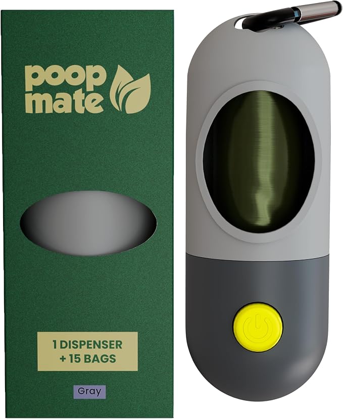 Dog Poop Bag Holder with Flashlight - Waste Bag Dispenser for Night Walks - Durable, Portable with Leash Clip & Carabiner - Includes 15 Dog Poop Bags - Gray
