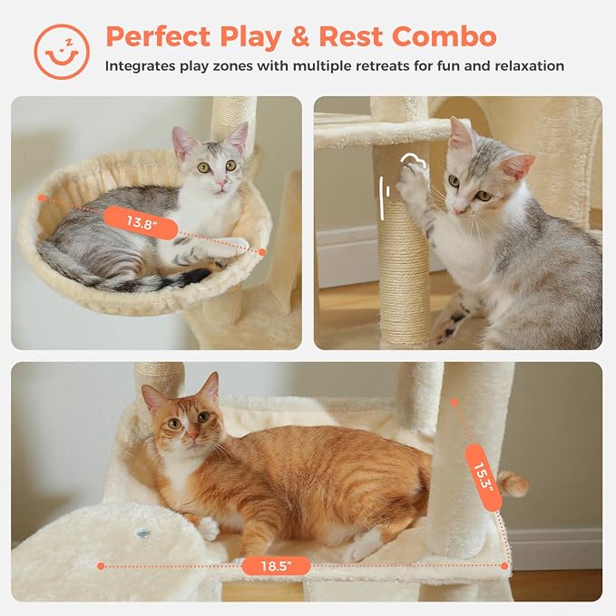69” Tall Cat Tree for Indoor Cats Large Adult, Multi-Level Cat Tower with Scratching Post, Dual Top Perches, Big Hammock & 2 Spacious Condos, Cat Furniture for Multi-Cat Households, Beige