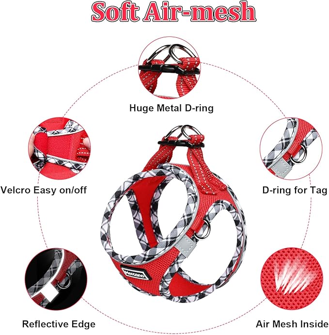 Mercano Soft Mesh Dog Harness and Leash Set, Step-in Reflective Breathable Lightweight Vest Harnesses with Safety Buckle for Small Dogs, Cats (Red, S)