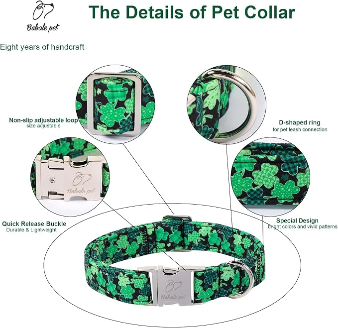 St. Patrick's Day Dog Collar, Lucky Clover Dog Collars, Adjustable Heavy Duty Irish Festive Pet Collar for Small Medium Large Dogs with Metal Buckle S