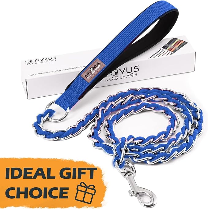 Chain Dog Leash Chew Proof Metal Leash for Medium Large Dogs, Chain Link Dog Leash Anti Chew 5.2FT Strong Anti Bite Dog Leash Comfortable Soft Padded Handle Blue 3.0