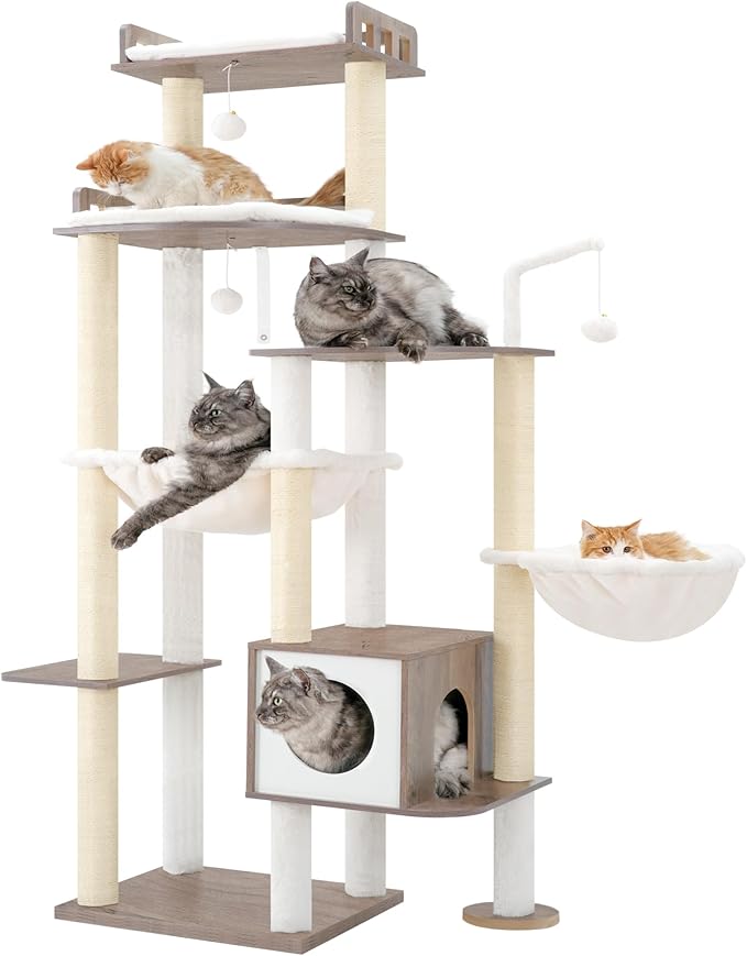 Heybly Cat Tree, 70.5 Inch Wood Tall Cat Tower for Large Indoor Cats with Extra Stable Structure, Modern Cat Furniture with All-Sisal Scratching Posts, Cat Condo & Hammocks, Greige HCT121SG