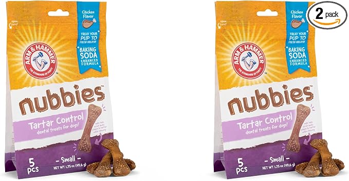 Arm & Hammer for Pets Nubbies Dental Treats - Baking Soda & Calcium Dog Dental Chews, Nubbed Texture Helps Scrub Plaque & Tartar While Chewing, Chicken Flavor, 5 Count, 1.75 Ounce - 2 Pack