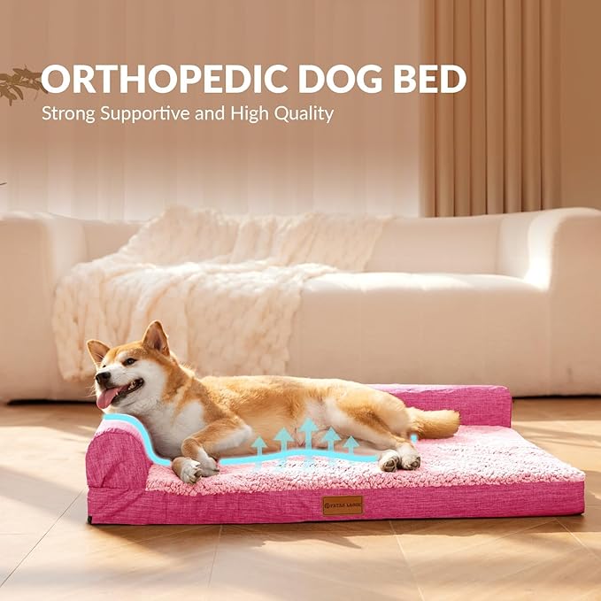 Patas Lague Orthopedic Dog Bed Medium Size Dog 30''X20'', Waterproof L Bolster Medium Pet Sofa Beds with Removable Washable Cover, Soft Pet Couch Crate Mat with Nonskid Bottom, Pink