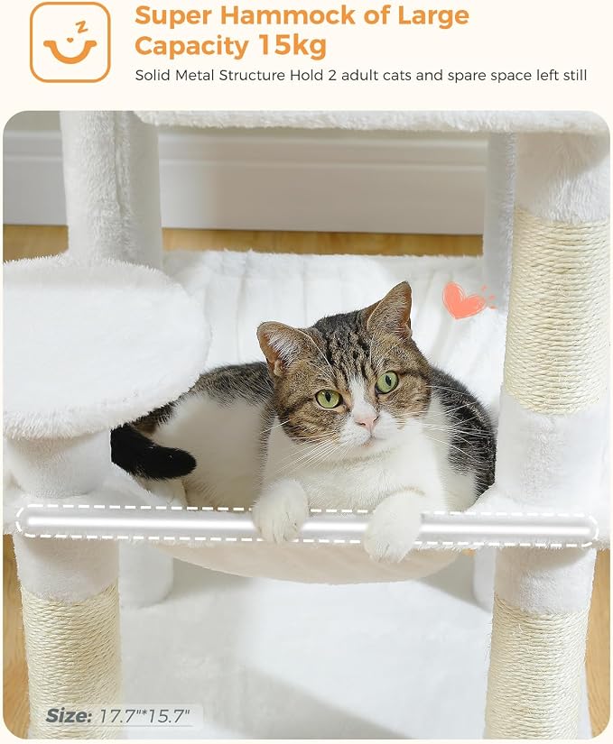 MUTTROS White Cat Tree for Indoor Cats, 45.7" Multi-Level Cat Tower with Large Metal Frame Hammock, Cat Condo with 4 Scratching Posts and Top Perch, White