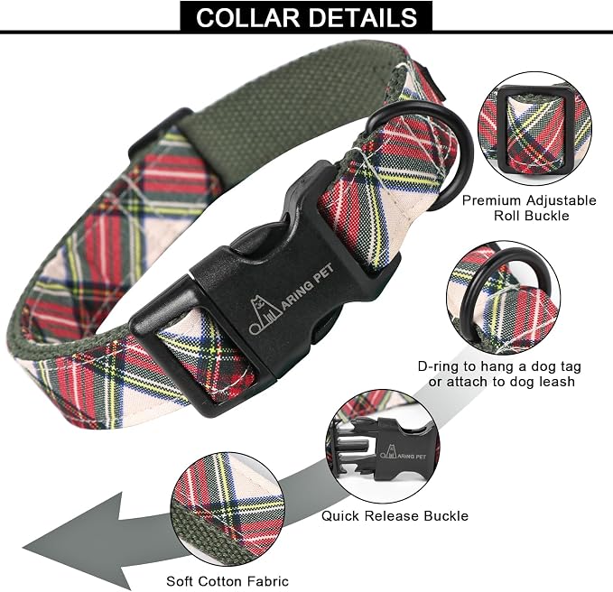ARING PET Christmas Dog Collar, Cute Red Green Plaid Cotton Lightweight Pet Puppy Collars for Small Medium Large Dogs-M