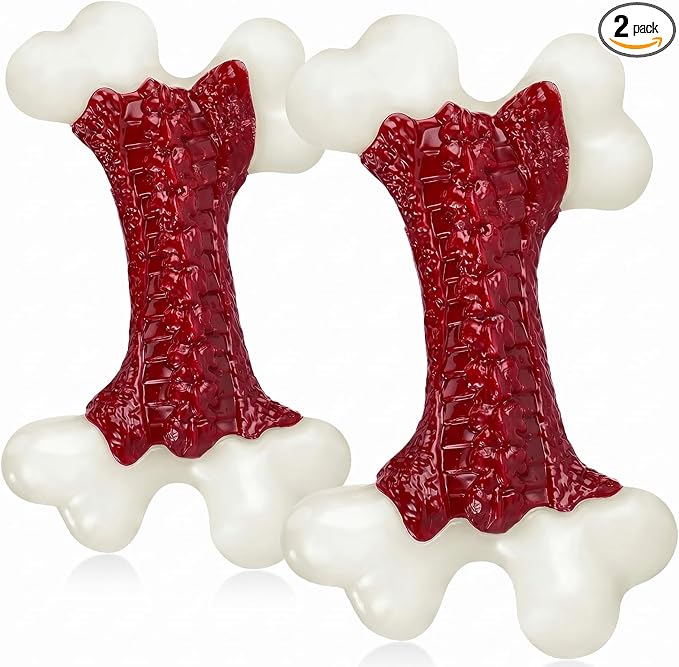 Kseroo 2-Pack Dog Toys for Aggressive Chewers Medium/Large Breed, 8-Inch Solid Nylon Dog Chew Bones, Beef Flavored Tough Dog Toys for 20-90lb Dogs, Red