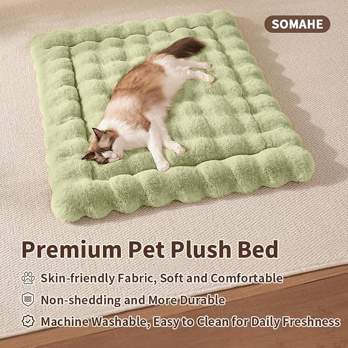 SOMAHE Cat Bed Mat, Soft Plush Faux Fur Kneading Pet Bed, Machine Washable Cat Sleeping Pad for Indoor Cats & Kittens, Non-Slip Fluffy Cat Rug for Couch Sofa Floor, 23x15 Inch Green