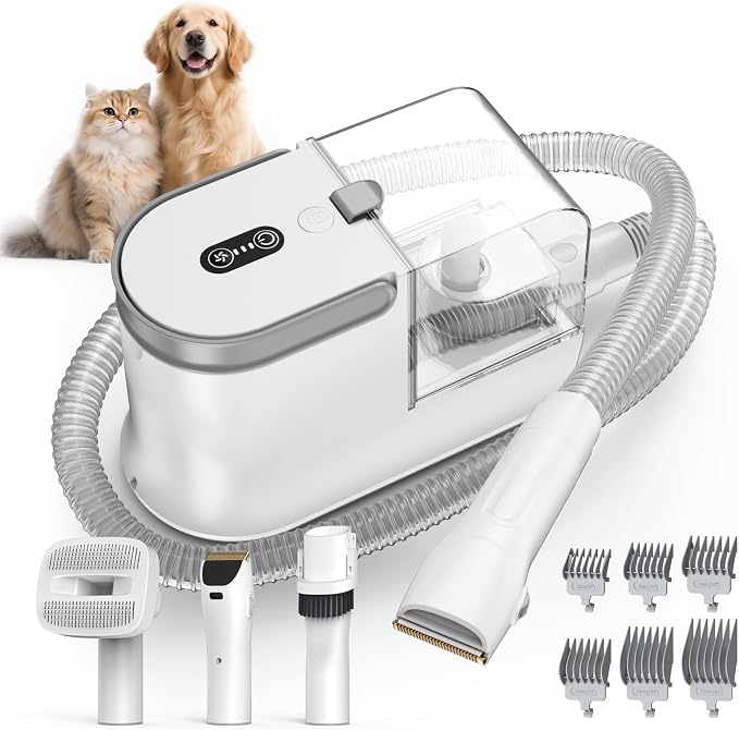 Dog Grooming Vacuum, Dog Grooming Kit with Pet Clipper Nail Grinder, 3 Suction Modes Dog Brush Vacuum with 6 Pet Grooming Tools (Cream)